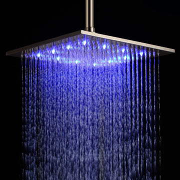 12 Inch Modern LED Stainless Steel Square Ceiling Mount Rain Shower Head in Brushed Nickel